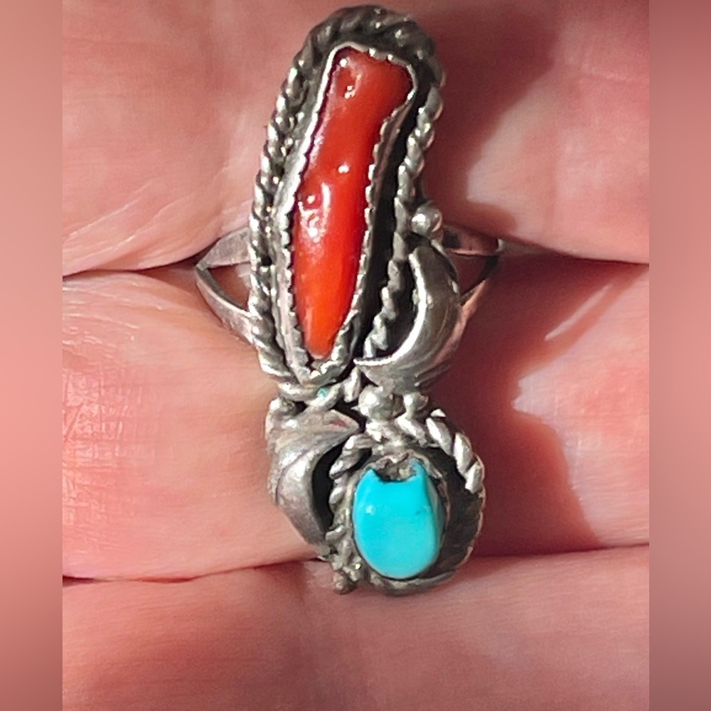 VTG Native American Navajo Sterling Turquoise Coral Ring Sz 6